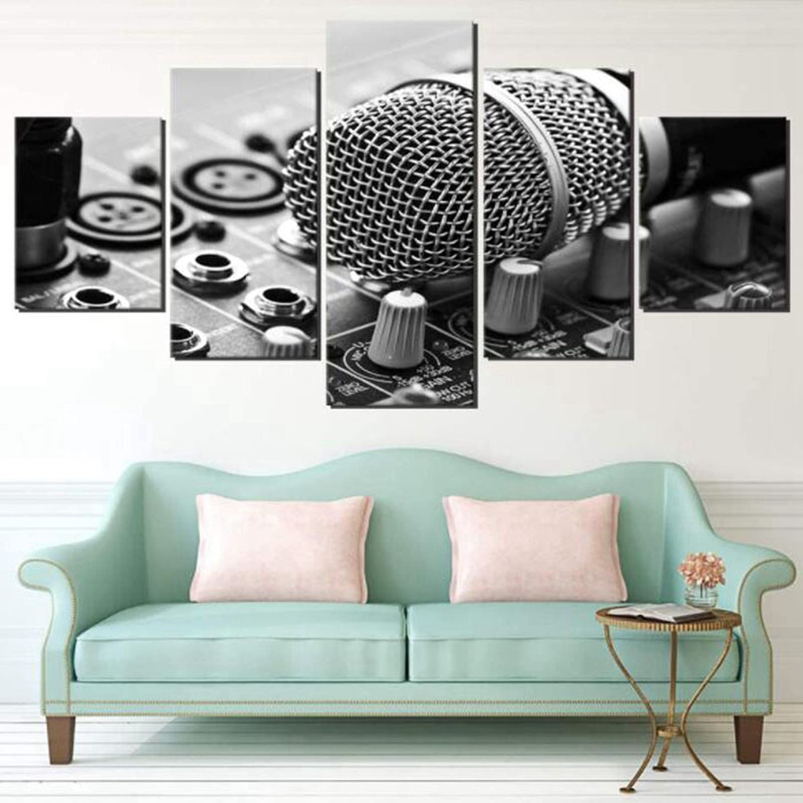 Quadro su Tela,Immagini Musicali per Soggiorno Arredamento Camera da Letto Microfono DJ Rock Band Stampa 5 Pannelli Poster HD Pittura con Cornice Pronta da Appendere Framed,S