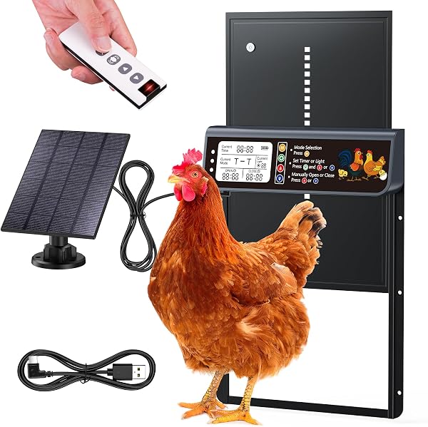 NyPots Automatic Chicken Coop Door Solar Powered, LCD Display Automatic Chicken Door with Timer & Light Sensor, Solar Ch
