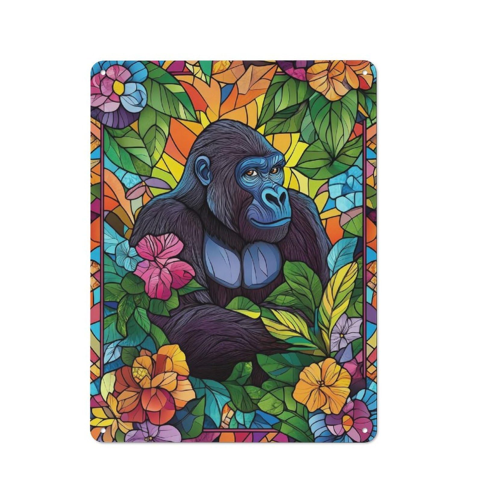 Junmoney Gorilla In Jungle Stained Glass 40X30cm Rustic Metal Sign With For Hobby Room Or Studio, Metal Sign Decor For Hobby Rooms And Studios