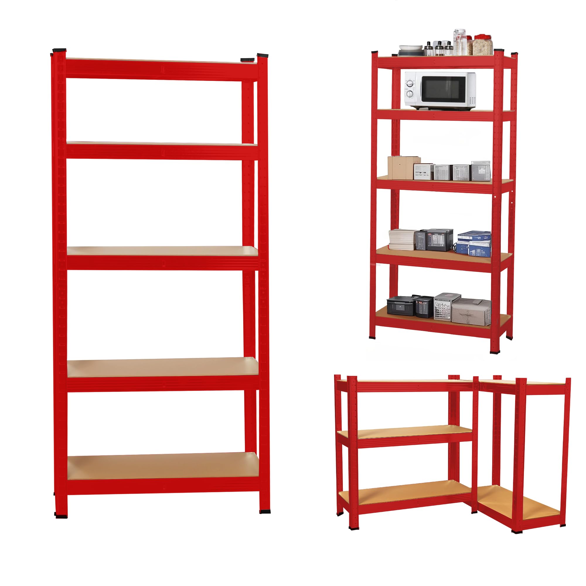 5-Tier Heavy Duty Garage Shelving Units – 875kg Capacity Steel Storage Shelves, Boltless Assembly, Adjustable Height & Layout for Warehouse, Living Room, Kitchen, Bedroom (Red, 70x30x154cm)