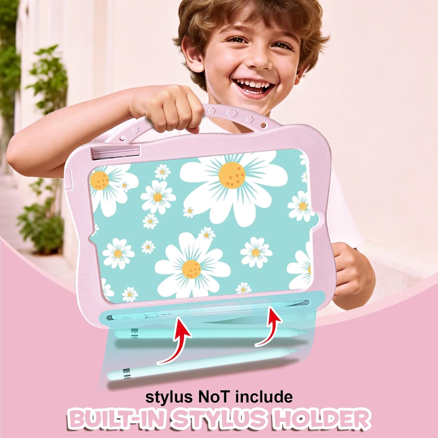 Case for iPad (A16) 11th Generation 11 Inch 2025, iPad 10th Generation 10.9 inch 2022, Full-Body Shockproof Kids Case for Pencil Holder & Adjustable Shoulder Strap, Smiley Flower