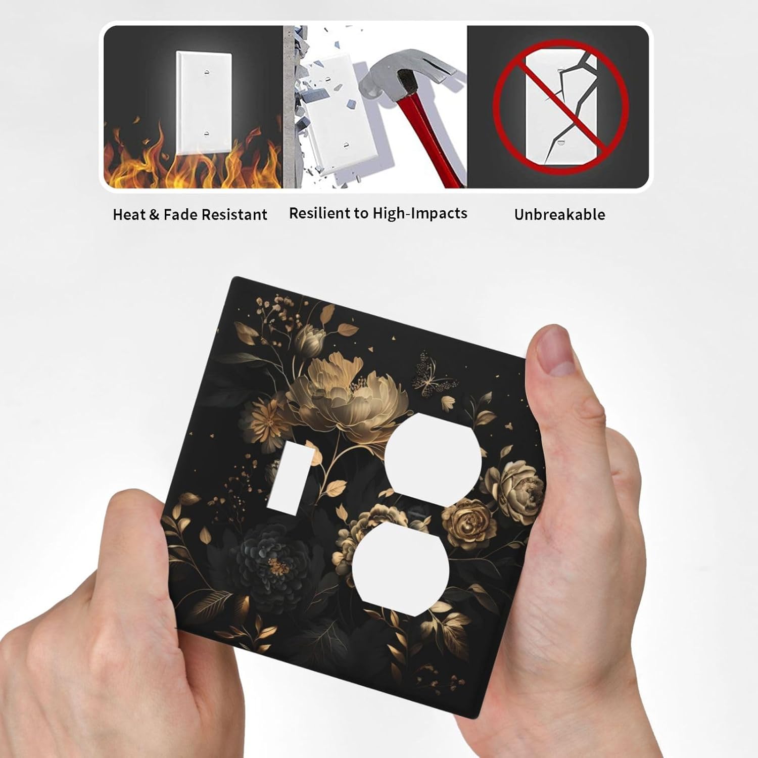 Black Gold Rose Floral Peony Flower Leaves Butterfly Outlet Covers 2 Gang Combin 1 Toggle/1 Duplex Light Switch Covers Decorative Gfci Wall Plate Electrical Receptacle Switchplate Faceplate