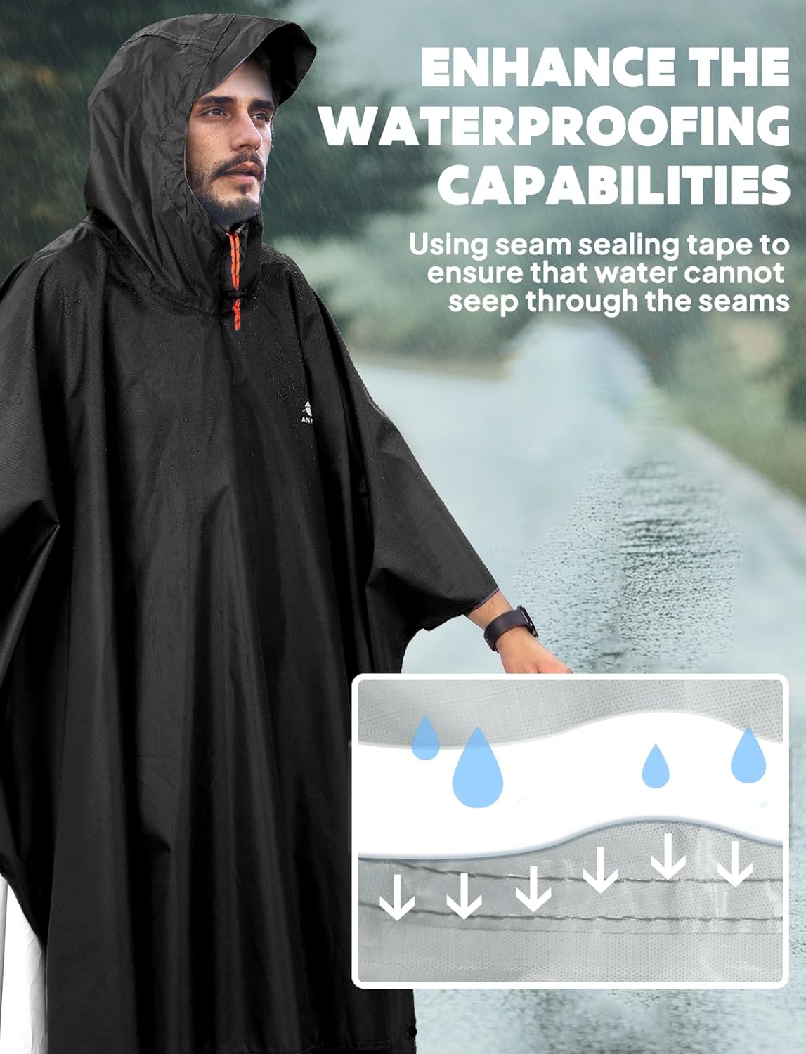 ANYOO Hooded Rain Poncho for Adults Waterproof Lightweight Rain Coat for Men Women Reusable Rain Jacket for Emergency Outdoor - Image 6