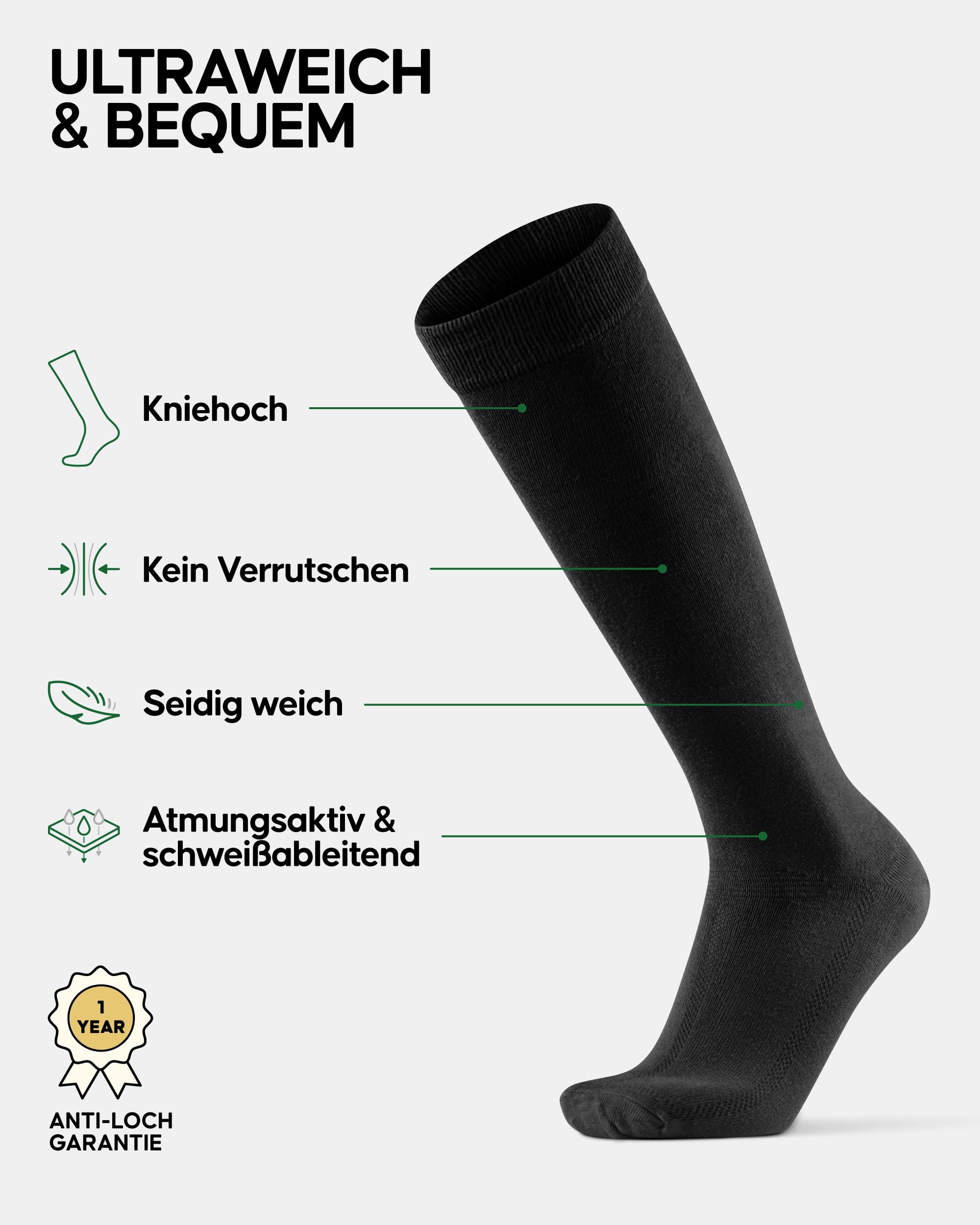 DANISH ENDURANCE Bambus Kniestrümpfe, Atmungsaktiv, 3 & 6 Paar | Lange Bambus Socken, Weich & Geruchshemmend mit Komfortbund, für Alltag & Büro, Unisex