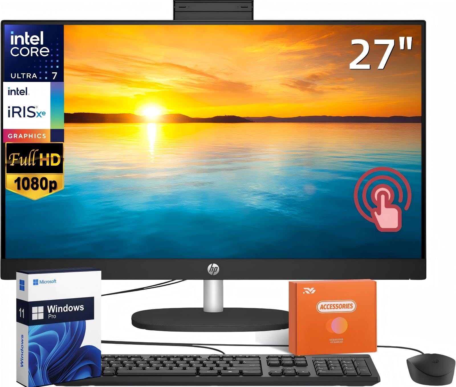 HP 27" FHD Touchscreen Business All-in-One Desktop Computer, Intel 12-Core Ultra 7 155U (Beats i7-1355U), 64 GB DDR5 RAM, 4 TB SSD, Intel Iris Xe Graphics, Wired KB & Mouse, Wi-Fi 6, Windows 11 Pro