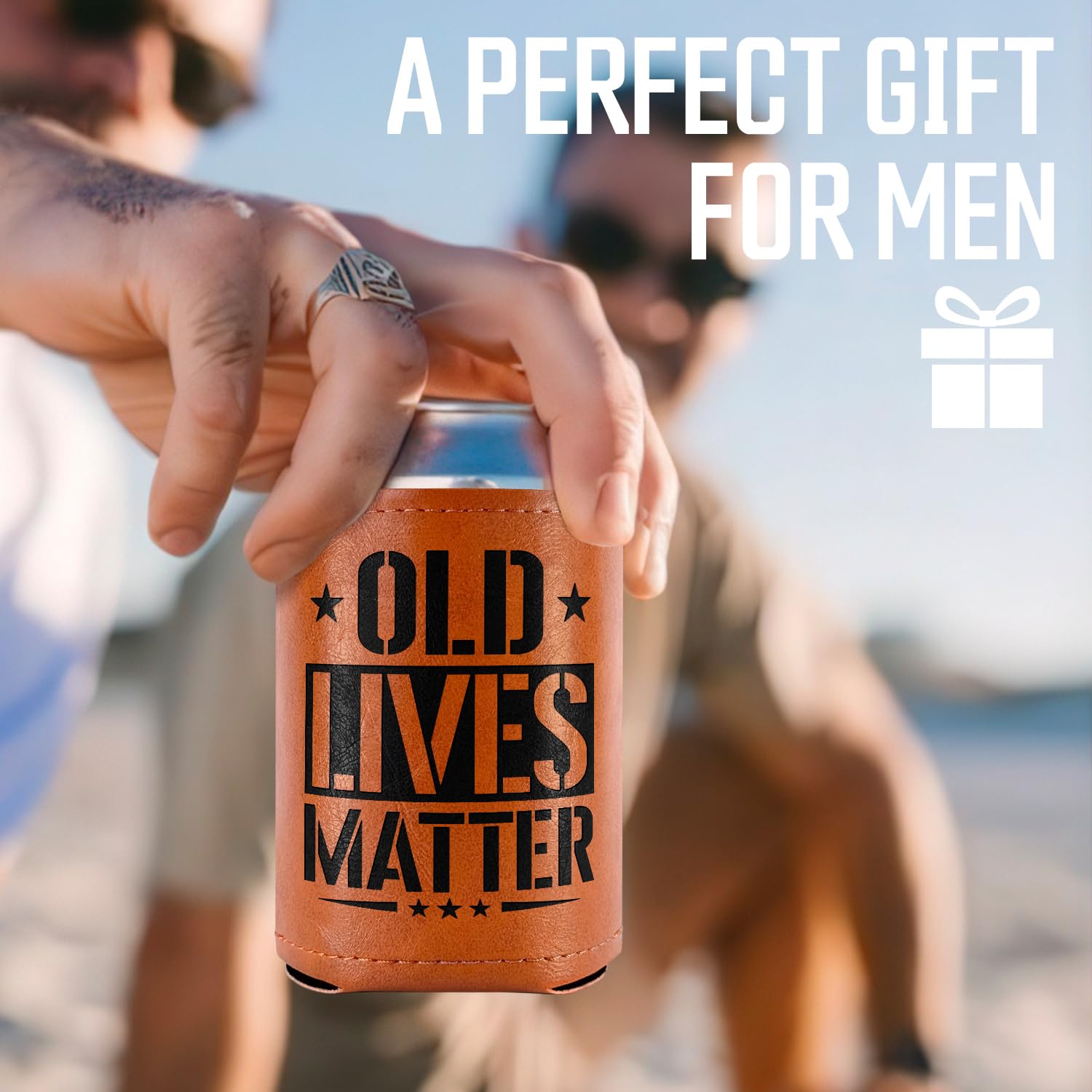 Gifts for Dad, Men, Him, Grandpa, Husband, Funny Birthday Gifts - Old Lives Matter Leather Can Cooler Sleeves Holder 12Oz - Dad Gifts, Men Birthday Gifts Ideas, Cooler for Dad