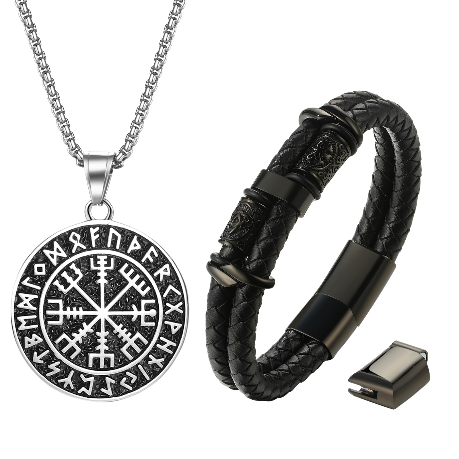 Viking Necklace Bracelet Set: Stainless Steel Vegvisir Compass Pendant with Leather Braided Bracelet - Viking Rune Pendant with Wristband for Men