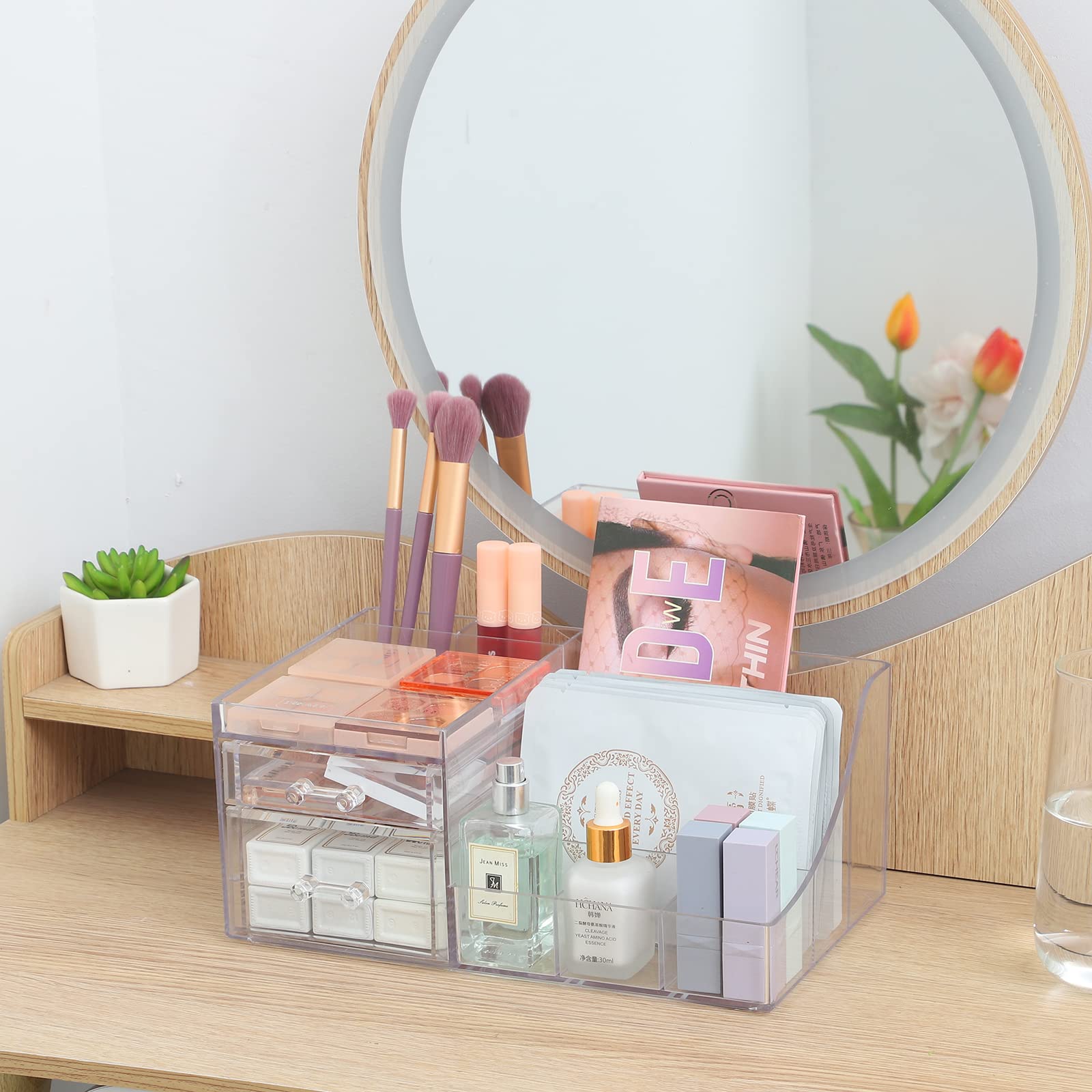 Cq acrylic Organizer trasparente per trucchi con 2 cassetti, espositore per cosmetici, per bagno, bancone o cassettiera, supporto per rossetti, pennelli, ombretti, smalti e gioielli