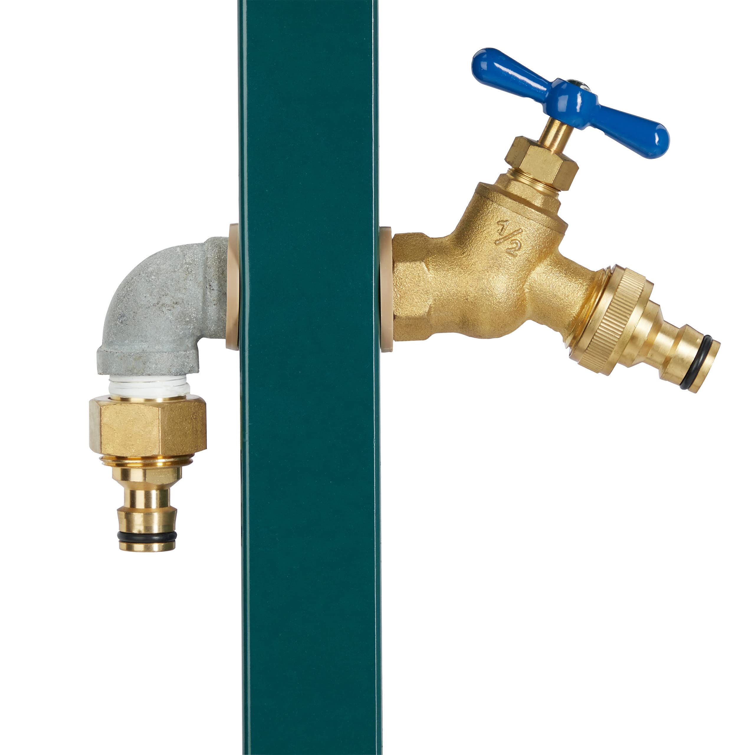 Relaxdays Dozownik wody z uchwytem na wąż, do węża 45 m, 2 x adapter węża 1/2", stal, HBT 107,5 x 25 x 18 cm, zielony