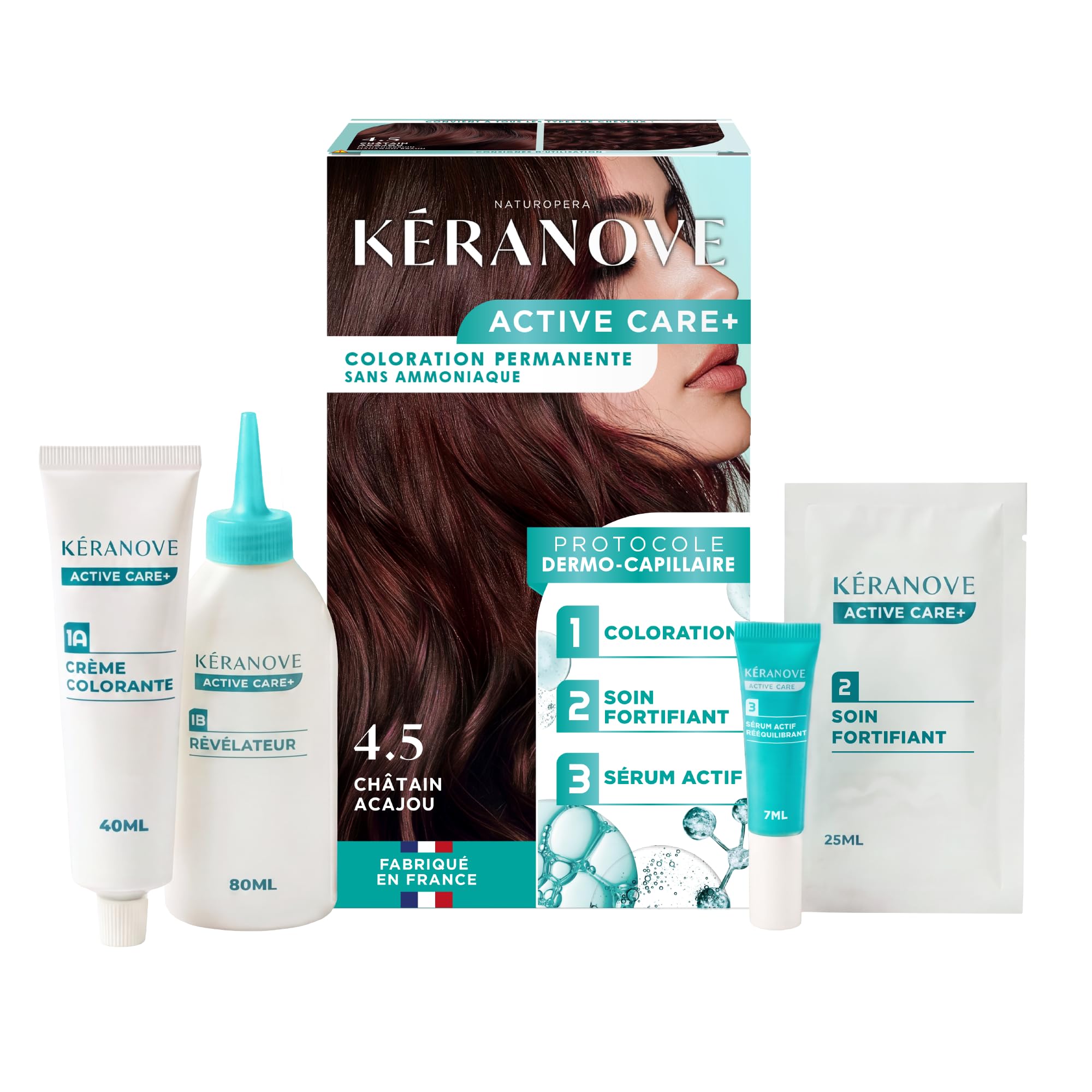 KERANOVE - Coloration Permanente Dermo-Capillaire Sans Ammoniaque - Odeur douce - Kératine végétale et Prébiotiques - 4.5 Châtain acajou