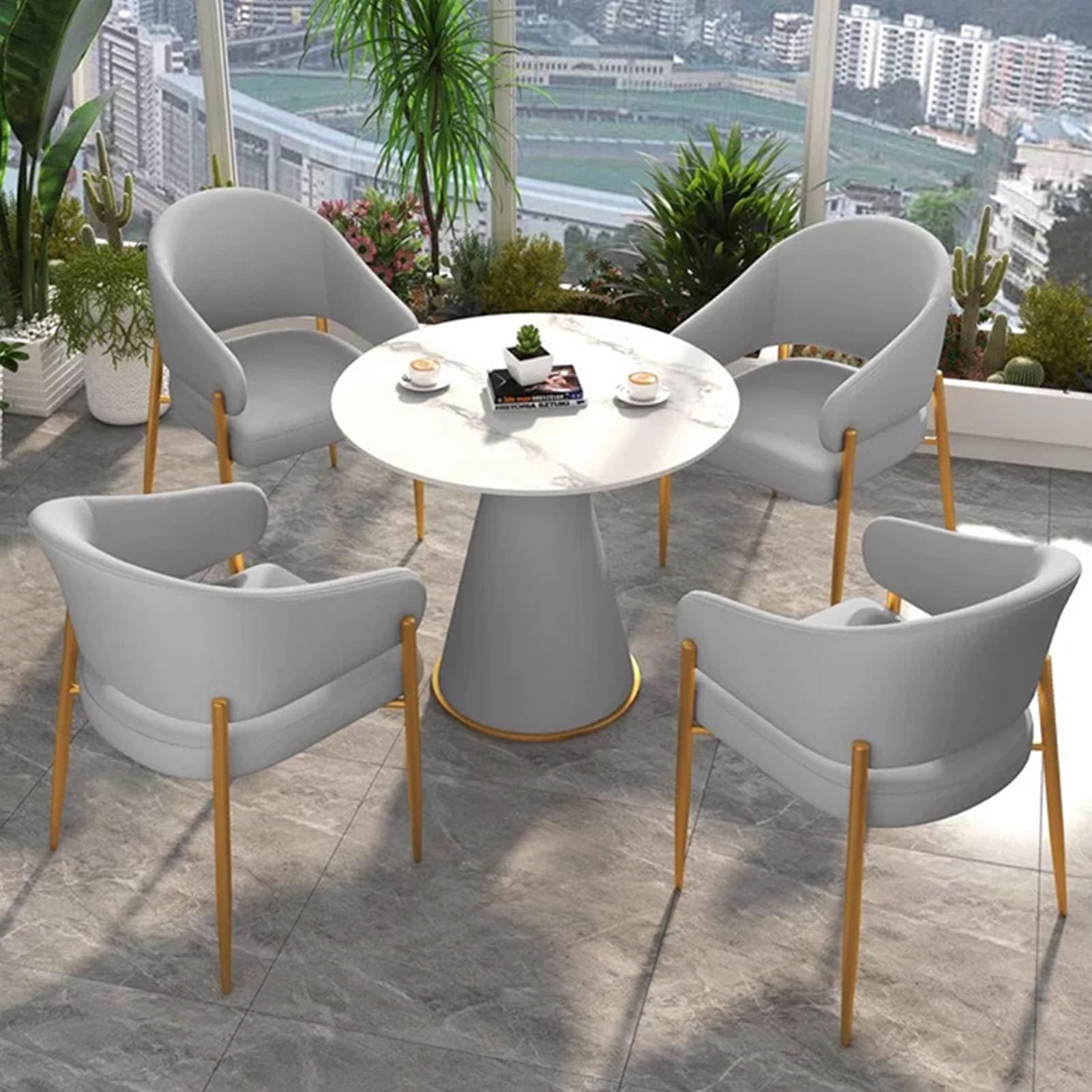 ASerZenith Marble Round Table Set With Pu Backrest Chairs, Small Conference Desk For Reception Negotiation, Leisure Table And Chair For Family Apartment,Light Grey-4 Chairs