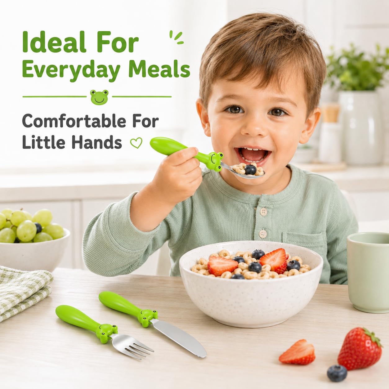 EXZACT Cubertería infantil 18 piezas acero inoxidable pequeños niños | Sin BPA Y Apta Para Lavavajillas Con Mangos De Fácil Agarre Para Niños Pequeños Comidas Aperitivos Y Viajes