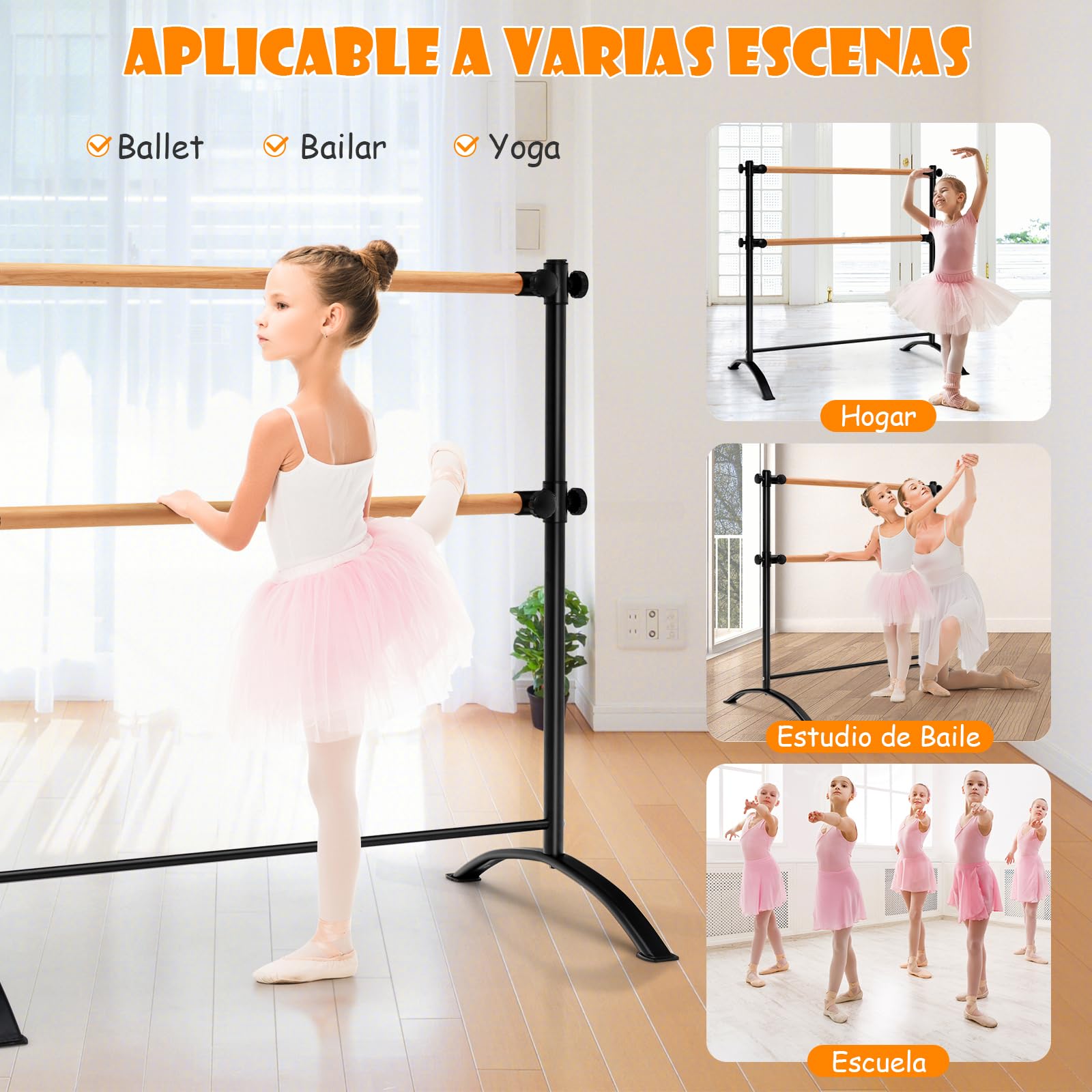GYMAX Barra de Ballet Independiente de 121 cm, Equipo de Ballet Portátil, Ajustable en Altura para Estiramiento y Entrenamiento de Baile, Soporte para Barra de Ballet para el Hogar, Estudio