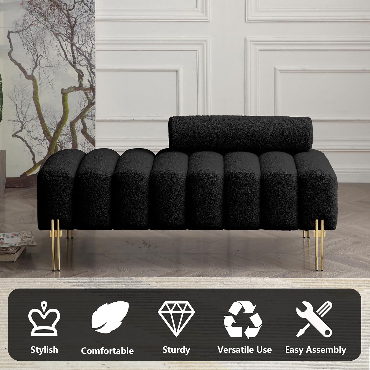 Aoowow Bedroom Ottoman Bench End of Bed Channel Tufted Rectangular Ottoman Benches 53.2" Long Teddy Fabric Window Entryway Bench Sherpa Footrest with Golden Metal Legs (Without Storage, Black)