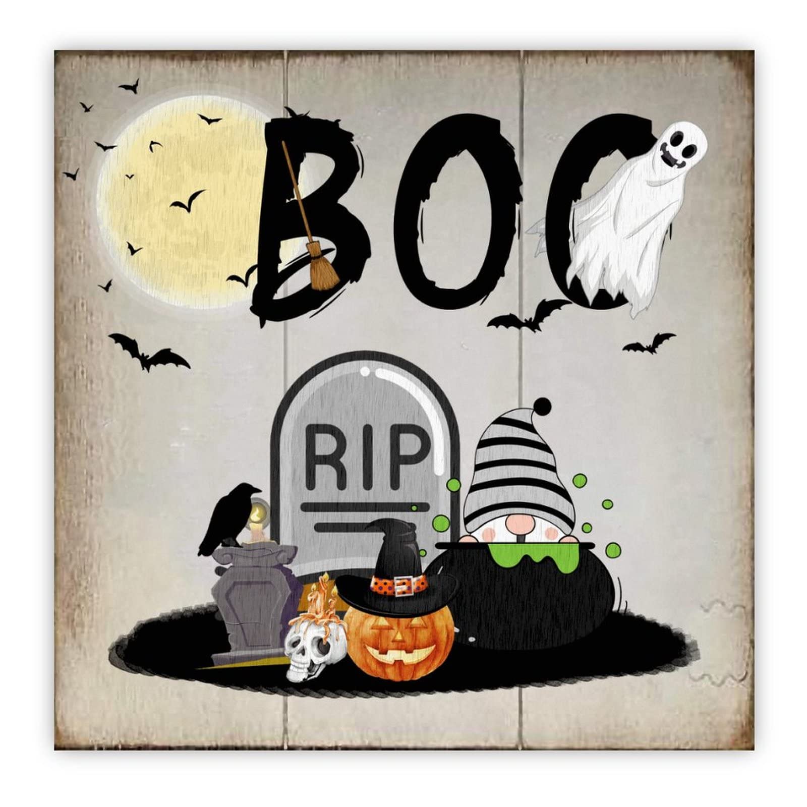 Décoration murale rustique Halloween avec fantôme chauve-souris et crâne
