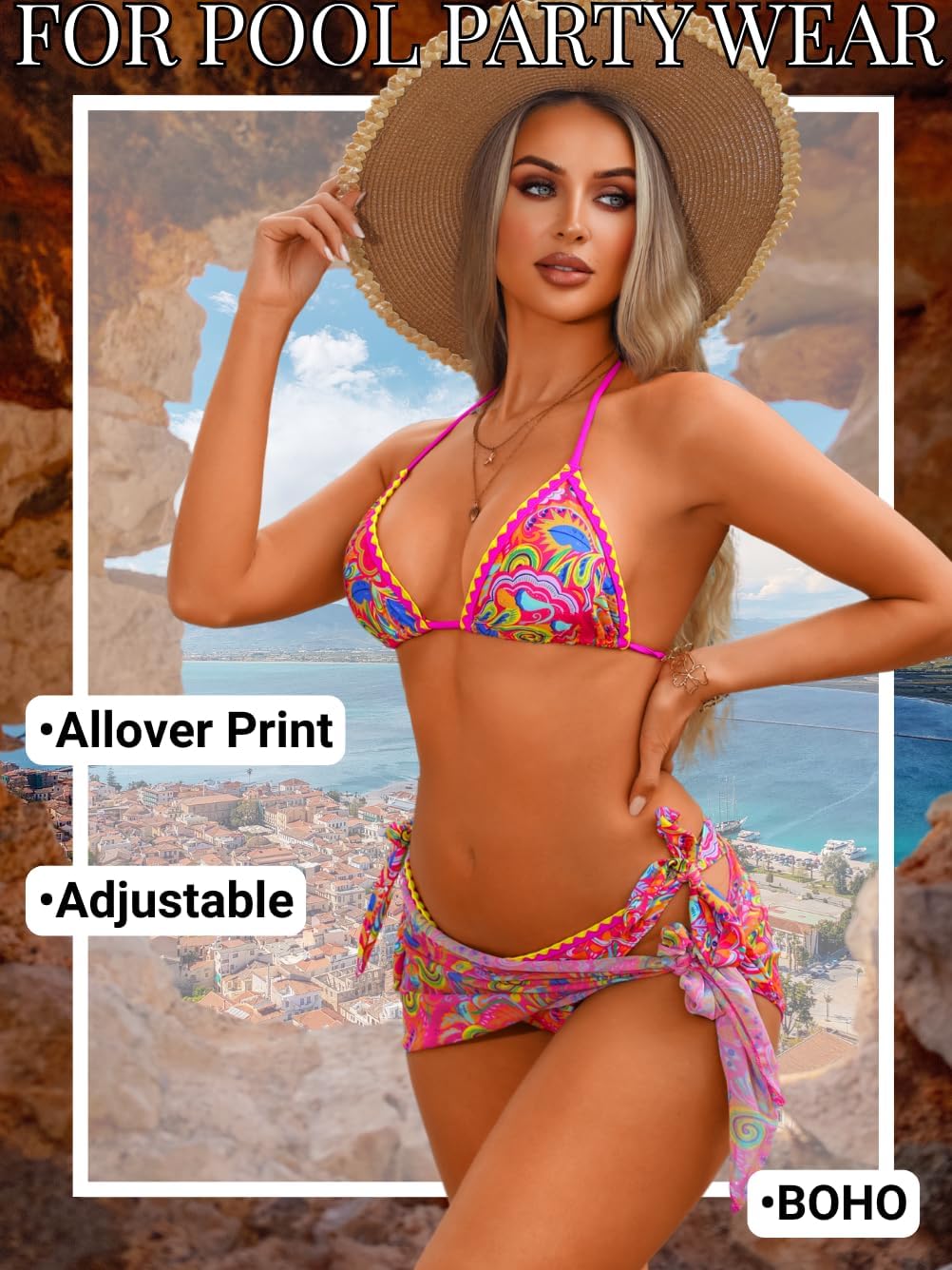 Women 3 Piece Swimsuits, Halter Triangle Bikini Sets with Skirt Sarong Cover Up, Boho Allover Print Bathing Suit