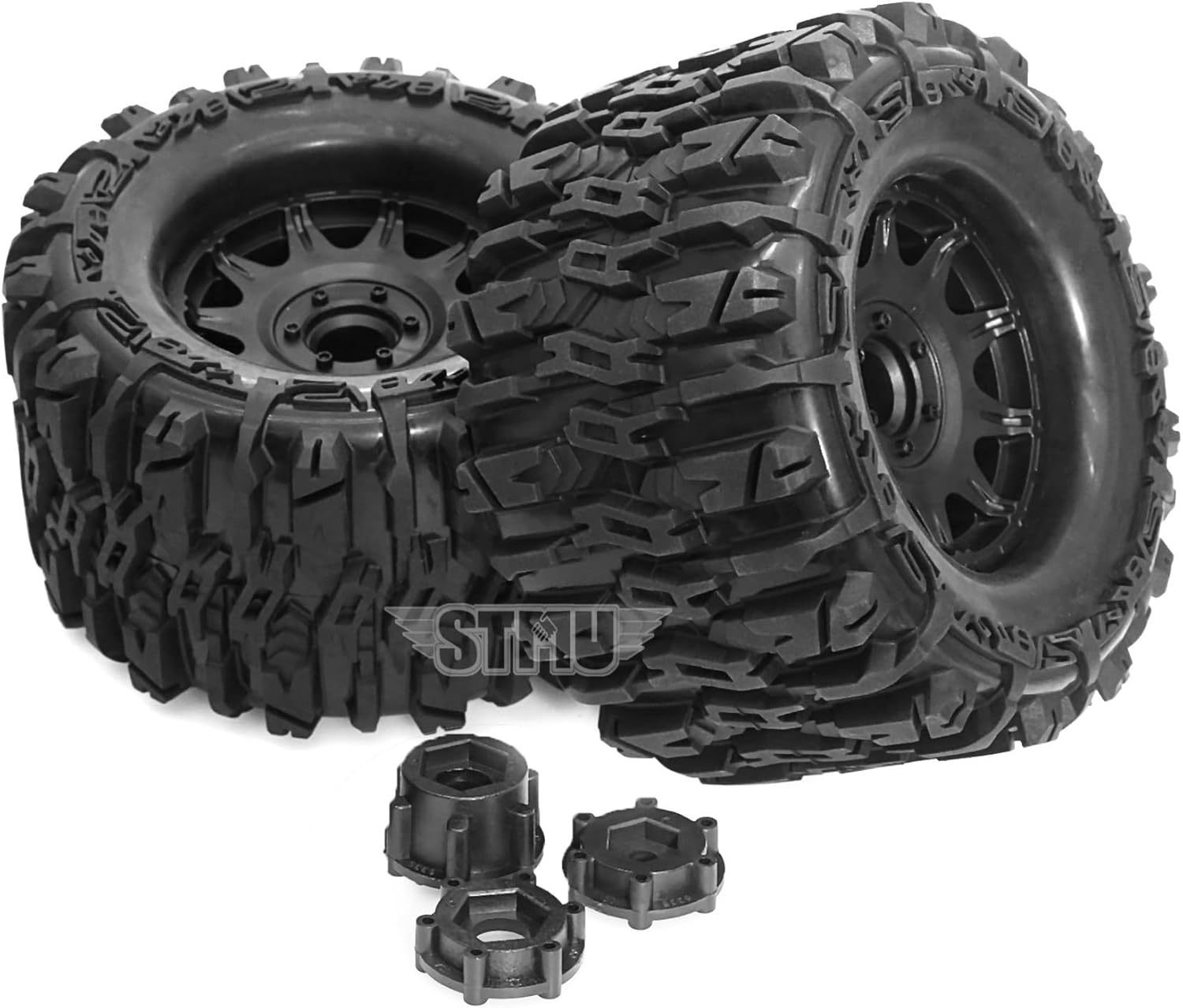 STMU 1/8 RC Truck Tires and 17mm Hex Wheels Rims Rubber Buggy Tyres for 1:8 Scale Off Road Truck Car Kaiju Tmaxx E-Revo 3.3 Arrma Kraton 6S Typhon 3S Traxxas Maxx HPI Redcat (4PC-RC Tires Wheel)