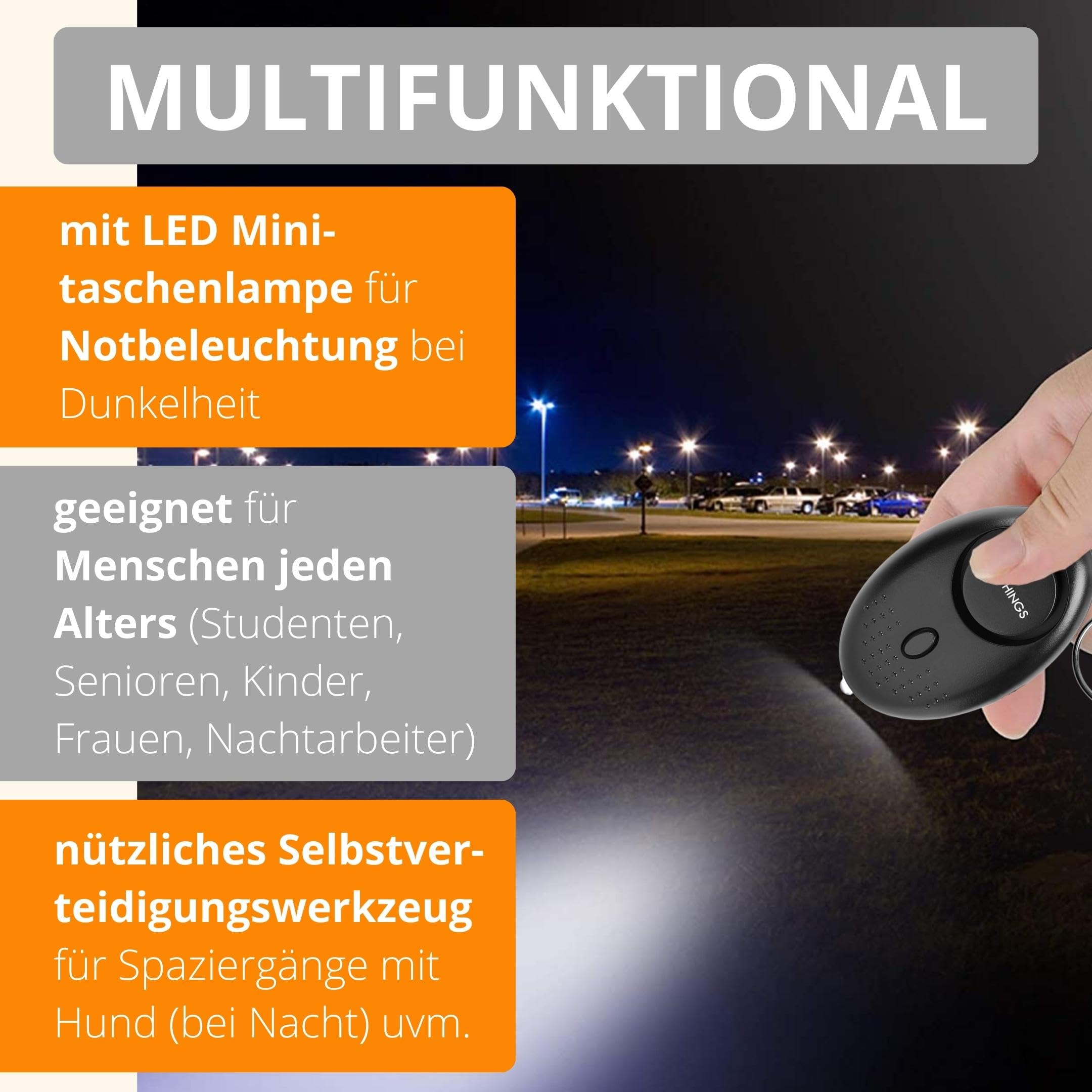 AMATHINGS Set di 2 allarmi tascabili [140dB deterrente] – Braccio panico mobile per portachiavi e borsa – aiuto immediato con luce LED – Protezione comprovata per donne, bambini e anziani – Nero