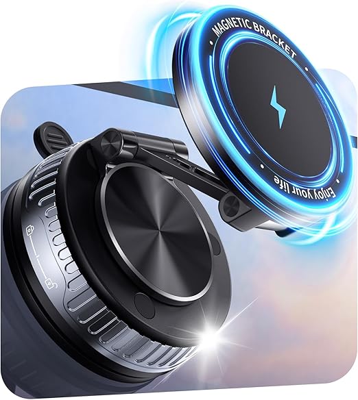 for MagSafe Car Mount Charger with Vacuum Suction, 15W Wireless Charging Magnetic Phone Holder for Car, Portable Dashboard & Windshield Mount, 20× N55 Magnets for iPhone Samsung (Black)