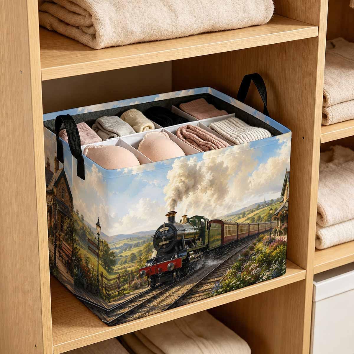 56L Storage Basket Vintage Steam Train Laundry Hamper Collapsible Handles image 3