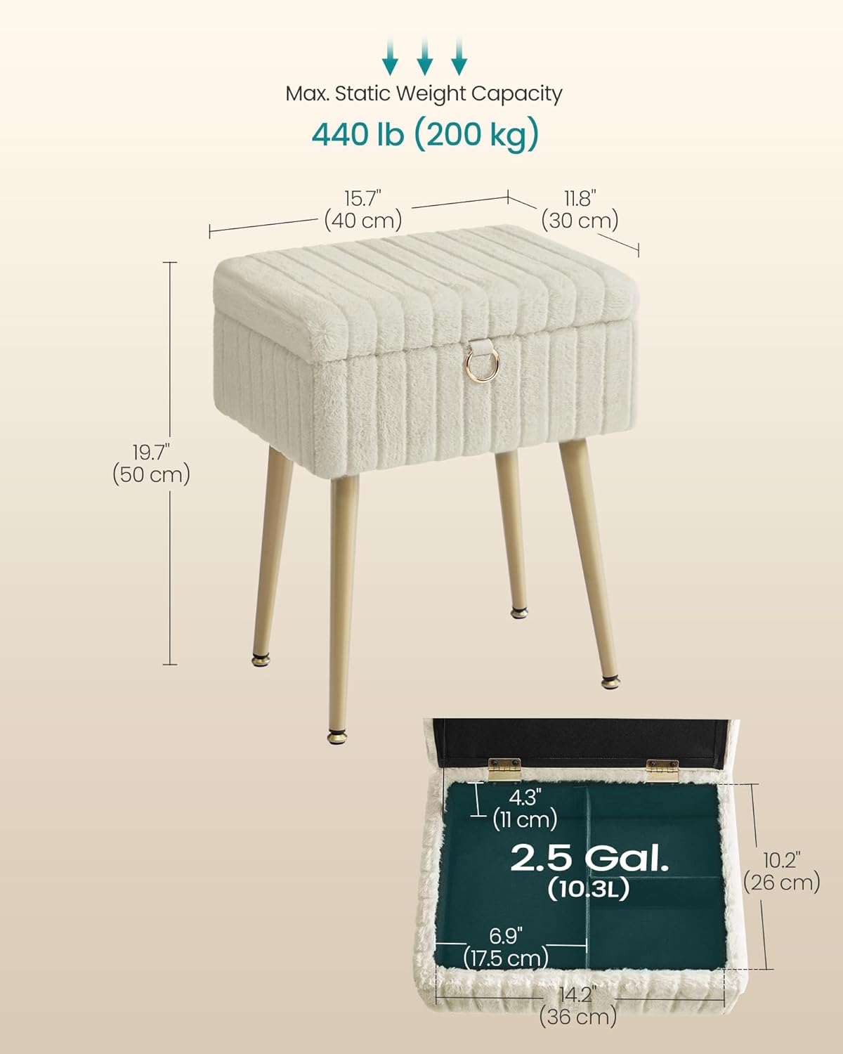 SONGMICS Vanity Stool Chair with Storage, Makeup Stool, Footrest Footstool Ottoman, Metal Legs, Adjustable Feet, for Living Room, Bedroom, Makeup Room, Cappuccino Beige ULOM505LZ02