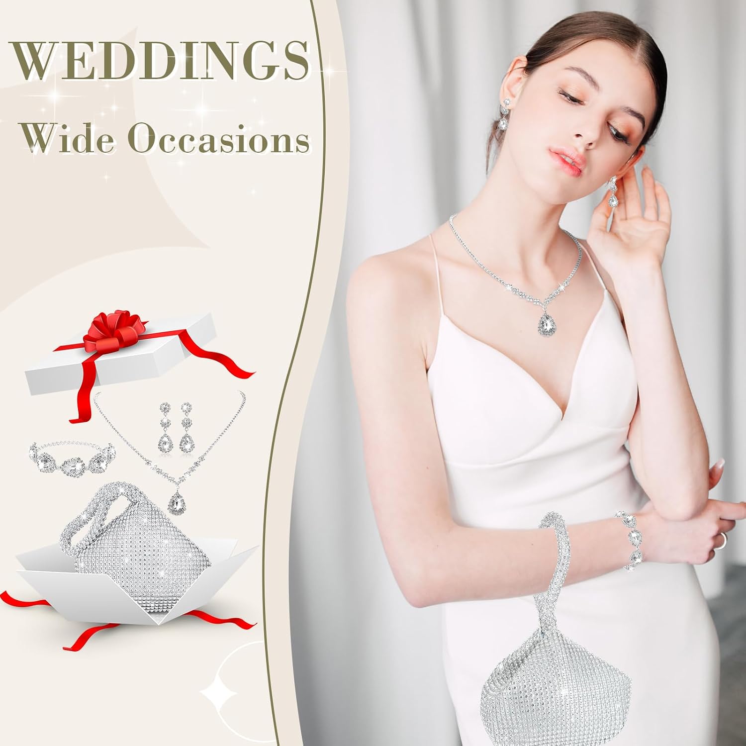Meanplan 4 Pcs Silver Clutch Purse Jewelry Set for Women Rave Accessories Evening Rhinestone Purse Silver for Bride Wedding
