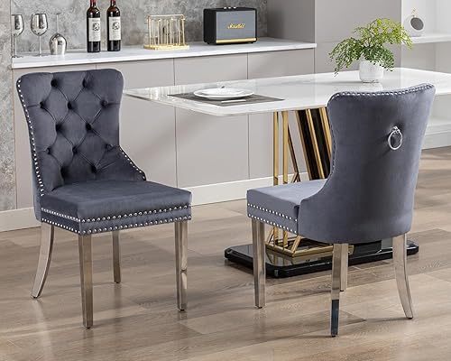 Miniatura 10 de KCC Juego de 2 sillas de comedor de terciopelo, sillas de comedor tapizadas de alta gama con mechones y ribete de tachuelas en el respaldo con