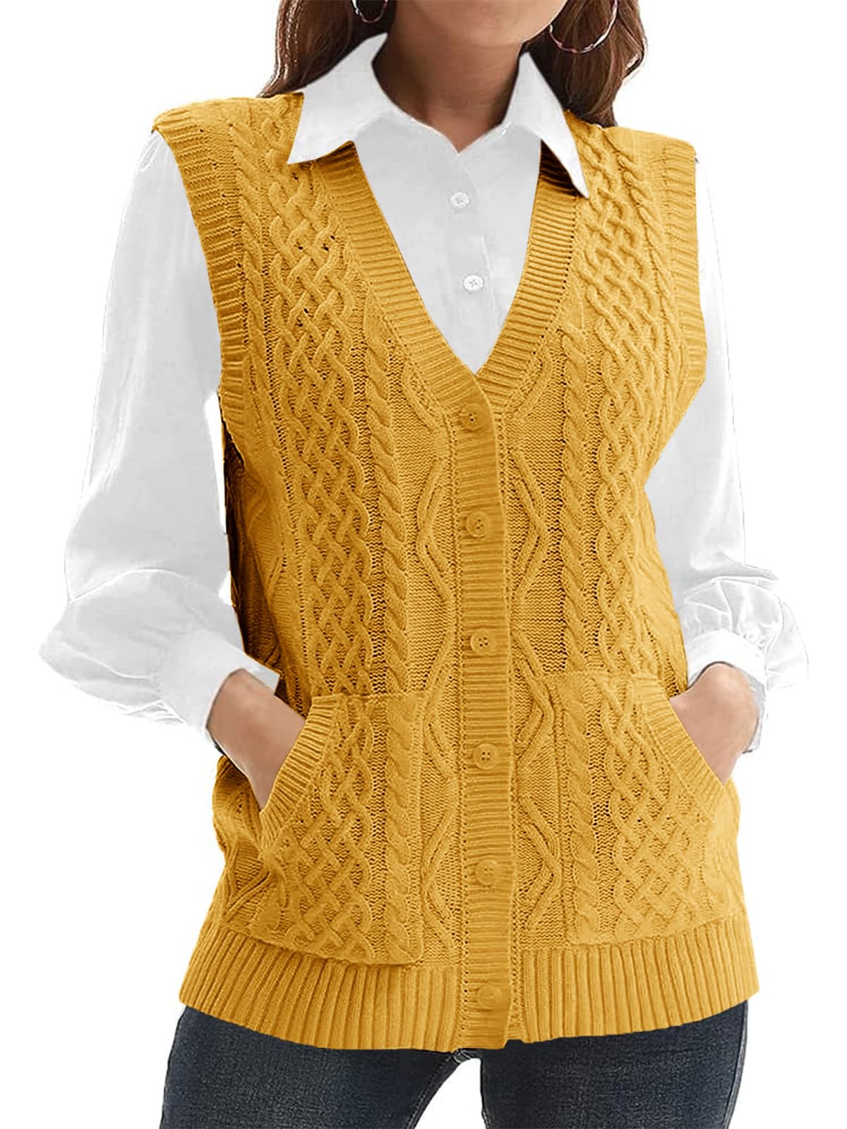 Womens’Knit Sweater Vest V Neck Sleeveless Cardigan Button Down Sweater Pocket Outwear Tops