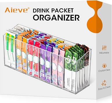 AIEVE Drink Packet Organizer, Water Drink Packet Holder with Removable Divider, Water Flavor Packet Organization Container for Kitchen Organizers and Storage 6 Compartments