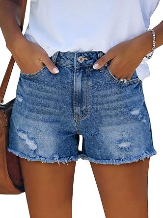 onlypuff Women Jean Shorts Ripped Mid Rise Stretchy Distressed Casual Denim Shorts