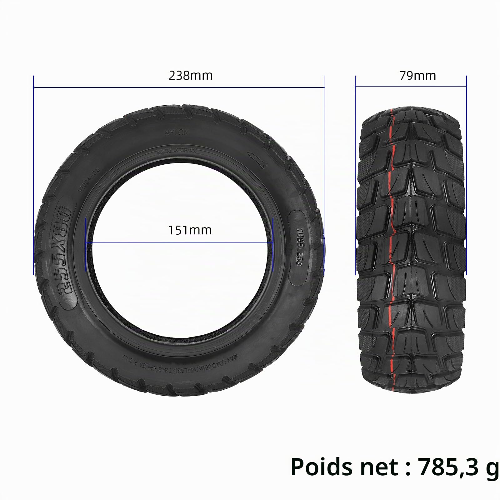 Lot de 2 pneus sans chambre à air tout-terrain 255 x 80, roues de rechange de 255 x 80 pour trottinette électrique Zero 10X, pneus avant et arrière épais