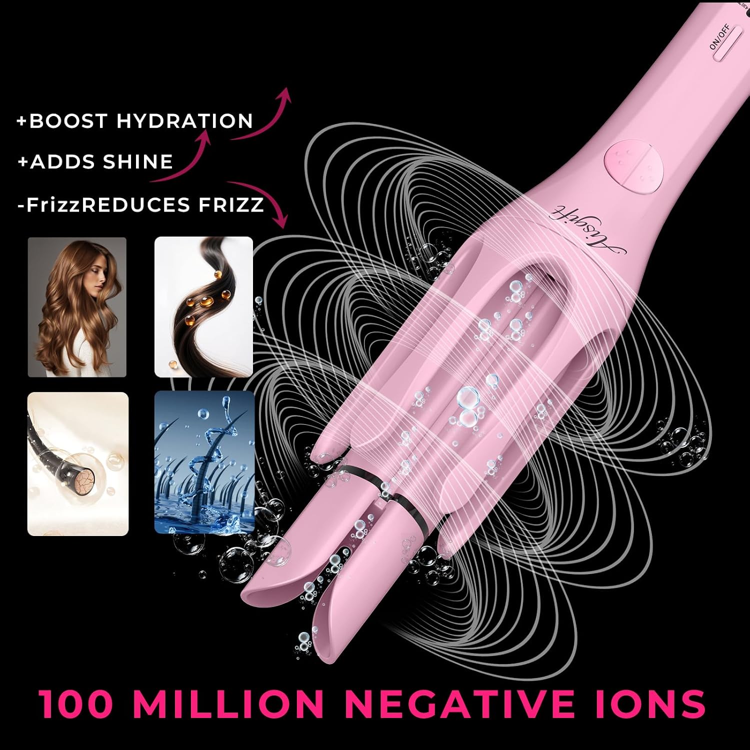 Automatic Curling Iron 1.25 Inch, 2-Way Auto Rotating, Hair Curler for Beach Waves Curling Wand, 4 Temperatures, Fast Heating Ceramic Coating, Anti-Tangle, Anti-Scald, Auto Shut-Off (Pink)
