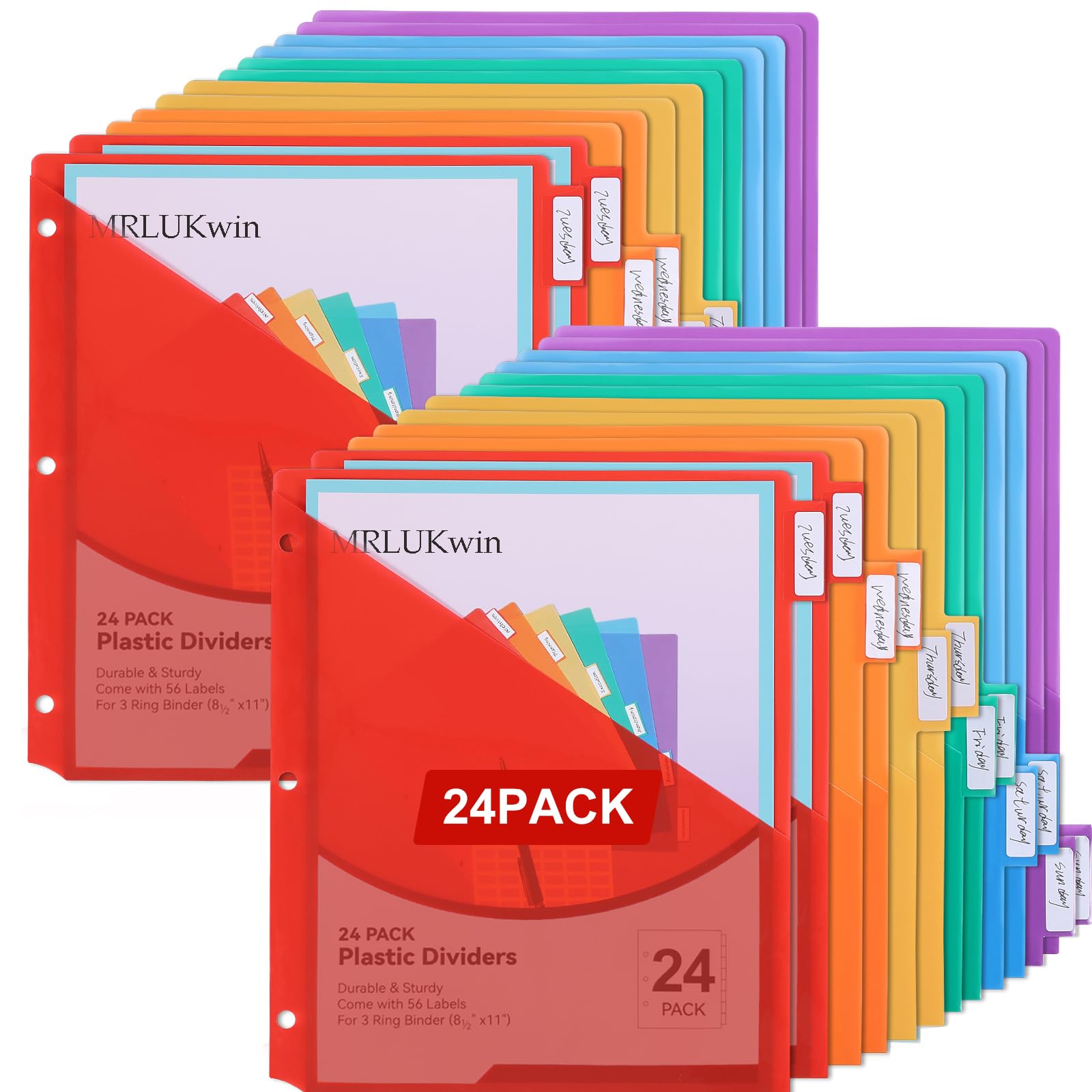 MRLUKwin 24Pack Binder Dividers with 56 Customizable Labels, 3 Hole Punch Plastic File Dividers for 3 Ring Binders