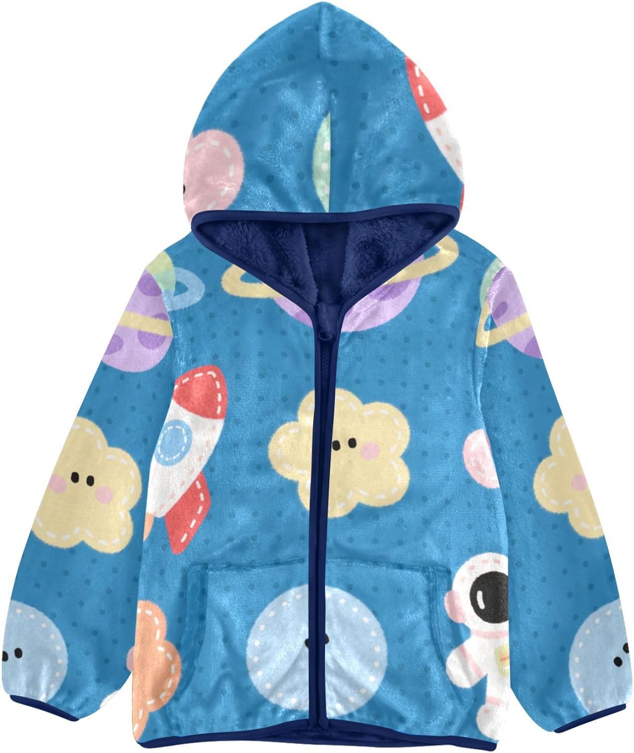Cartoon Space Cute Toddler Fleece Jacket with Hood Children Plush Coat Navy Blue Baby Zipper Hoodie