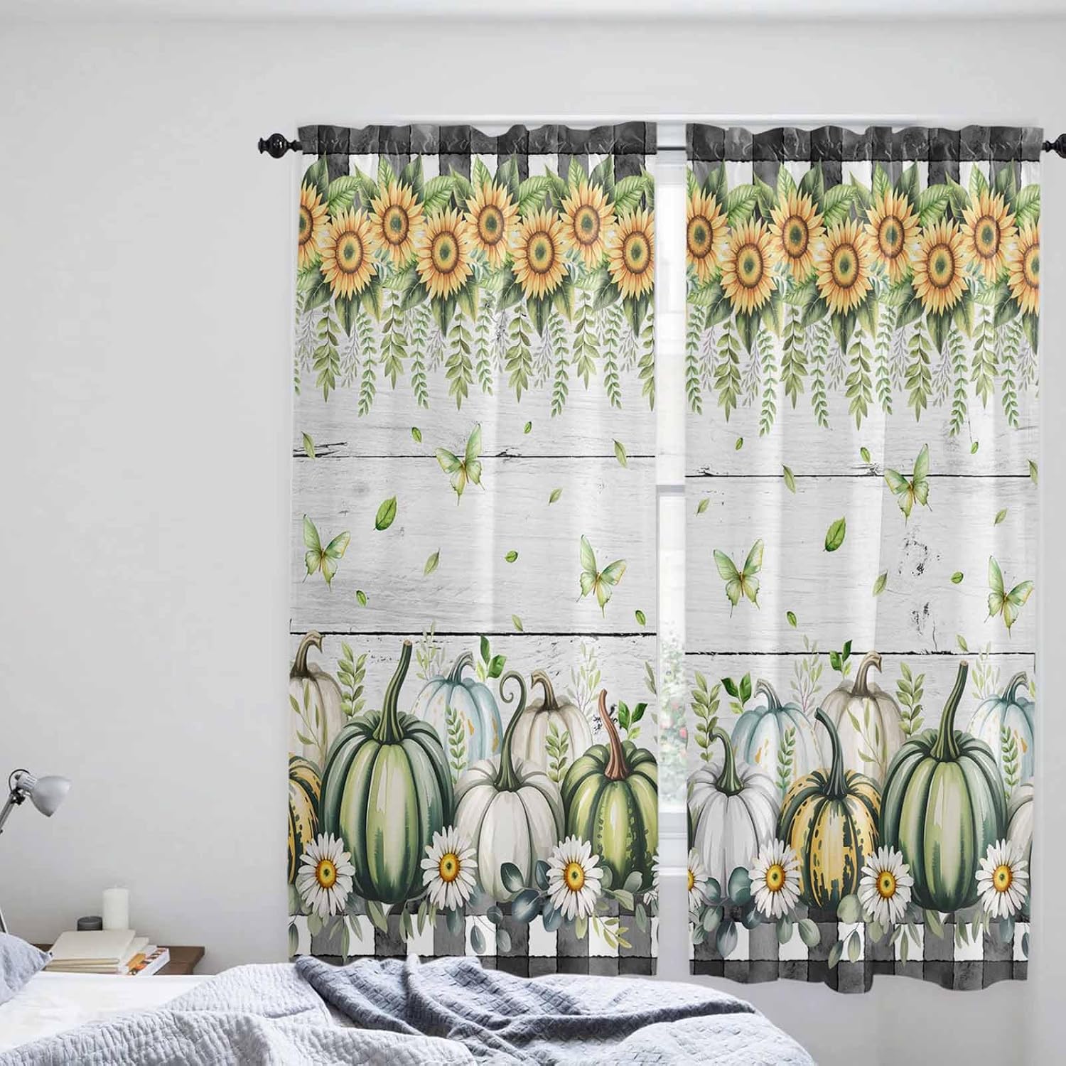 Green Pumpkin Fall Kitchen Curtains, Thanksgiving Sunflower Daisy Gray Wood Plaid Light Filter Window Curtain, 2Pcs Rod Pocket Window Treatments Set for Living Room Bathroom Bedroom 52x72 Inches