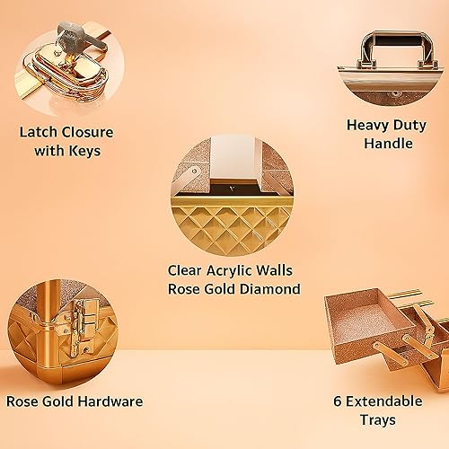 Miniatura 2 de Ver Beauty Estuche de tren de maquillaje de diamantes de oro rosa con 6 bandejas de acordeón, organizador de cosméticos con cerradura con interior