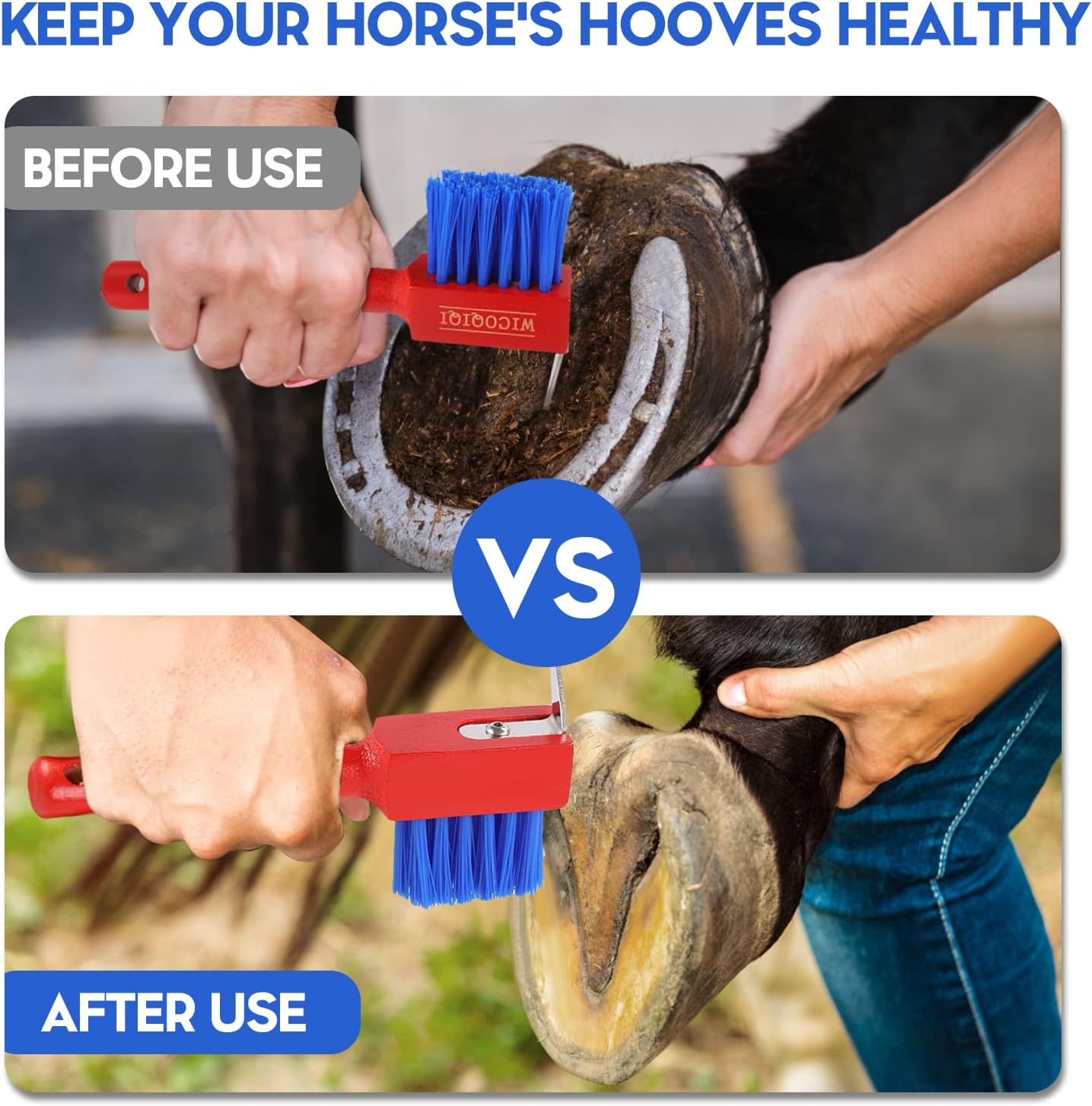 Horse Hoof Pick Brush with Solid Wood Handle, WICOQIQI Upgraded Version Rugged Portable Horse Grooming Brush. Hoof Pick with Brush is Suitable for Cleaning Horse and Goat Hooves. (New red) : Pet Supplies