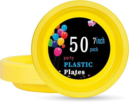 WELLIFE 7 Inch Yellow Plastic Plates 50 Count | Disposable Plates for Party, Small Dessert Plates for Dinner Cake Salad Supplies Birthday
