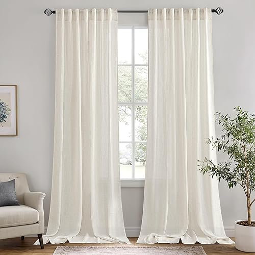 MIULEE Cortinas de lino de 96 pulgadas de largo para sala de estar, 2 paneles, bolsillo para barra de cortina de marfil natural, con pestaña