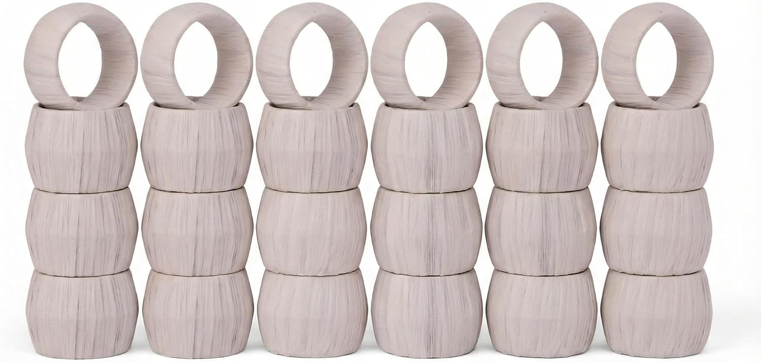 GURU JEE™ Handmade Raffia Rattan Napkin Rings White Set of 24 Everyday Use Dining Party Tabletop Décor Gifts Napkin Holder 1.5 Inch in Size Artisan Crafted in India