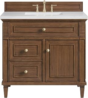 James Martin Vanities 424-V36-3AF Lorelai 36" Single Basin Wood Vanity Set with 3cm Arctic Fall Solid Surface Vanity Top, Rectangular Sink and Electrical Outlet - 8" Faucet Centers - Mid-Century