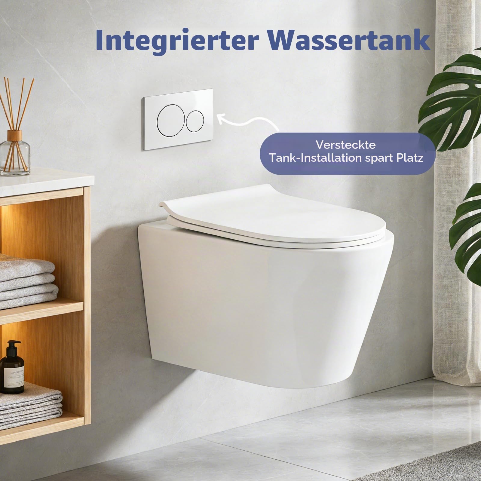 Wand WC für moderne Badezimmer, Gäste WC, inklusive WC-Becken mit Soft-Close-Sitz, Schnellverschluss, geräuscharmer Wandmontage