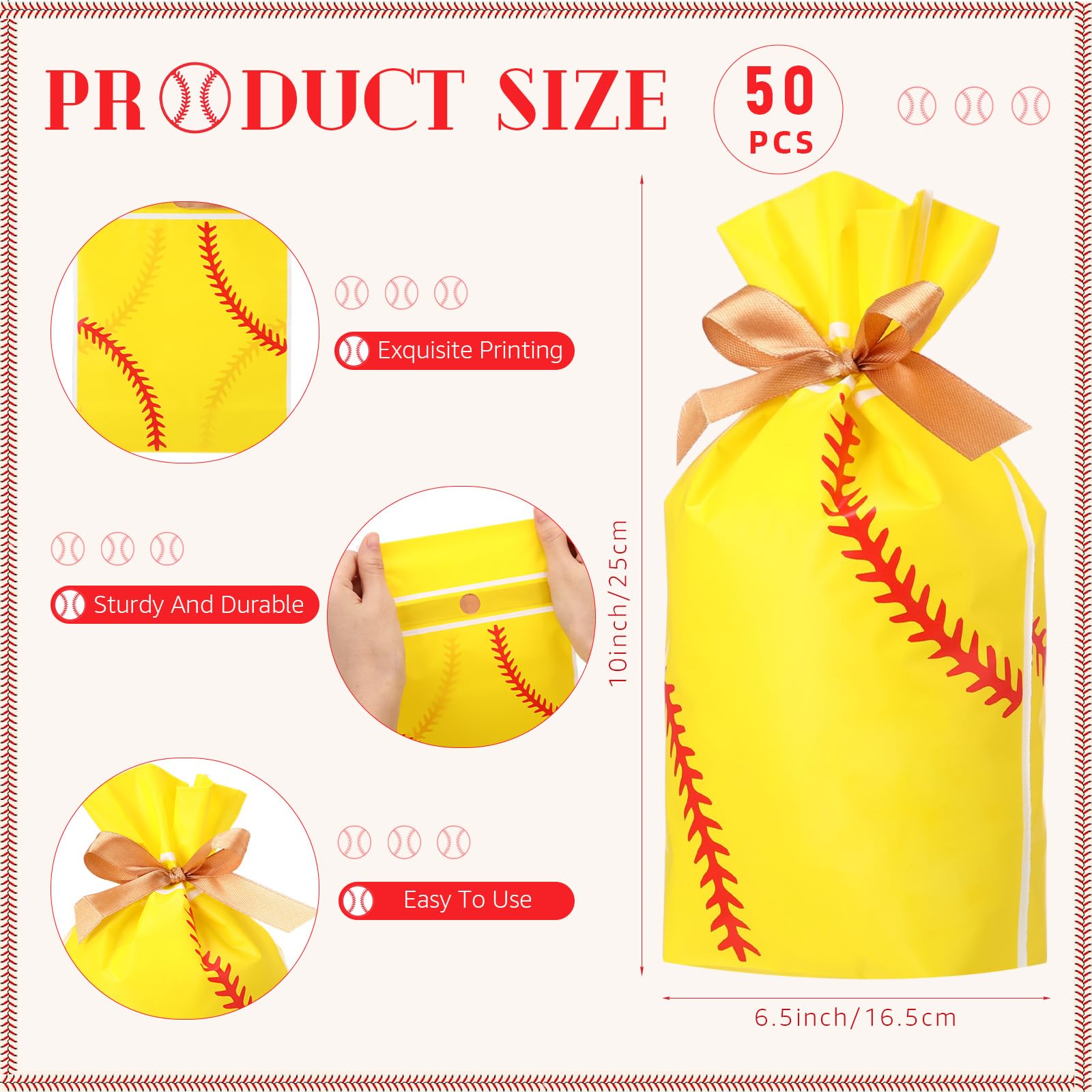 SilTriangle 50 Pcs Softball Party Gift Bags for Team Girls Plastic Softball Snack Bag Goodie Bags with Drawstring for Daughter's Game Party Supplies