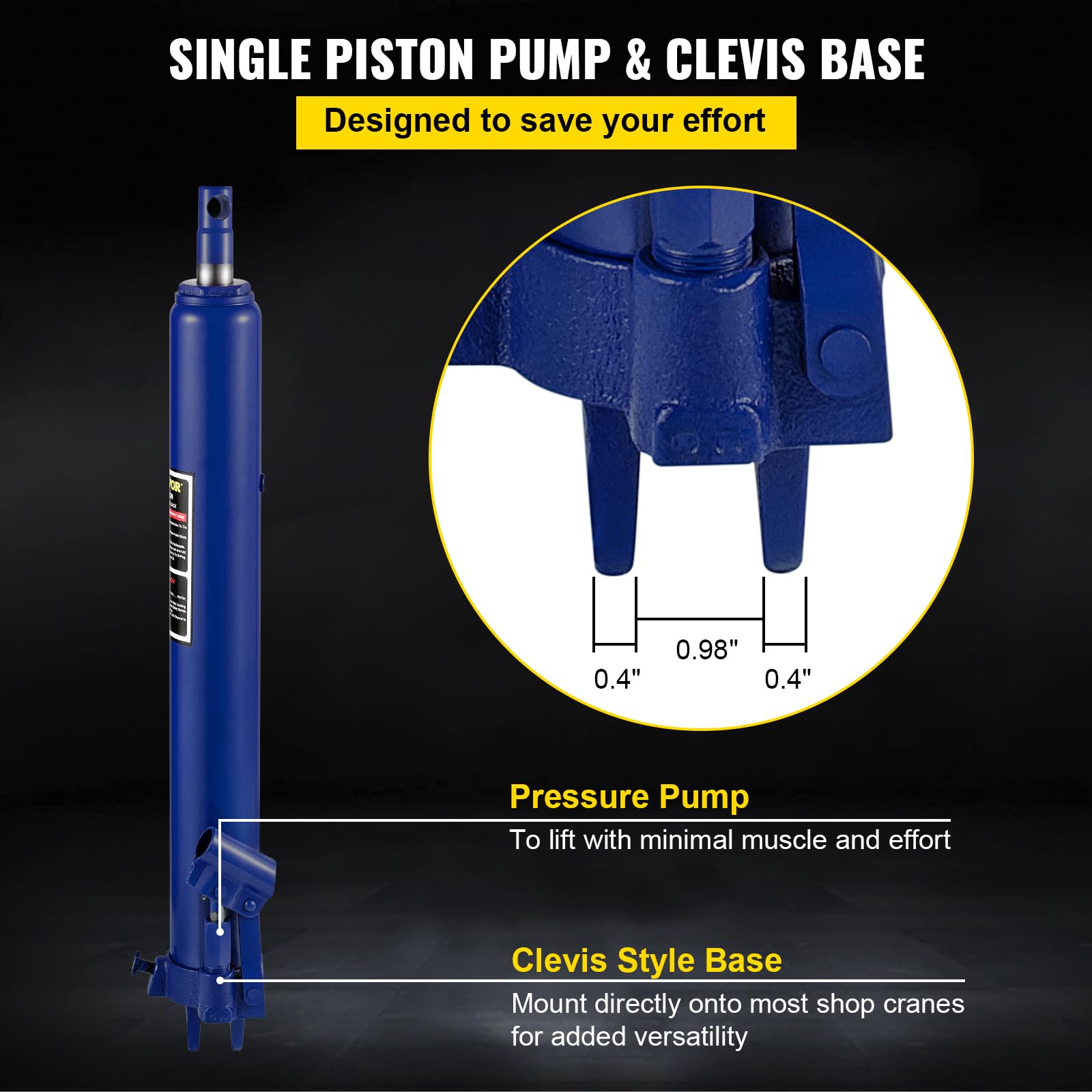 VEVOR Cric idraulico a pistone lungo, capacità 8 tonnellate, con pompa a pistone singolo e base a forcella, per gru da garage/negozio, paranco di sollevamento motore, blu