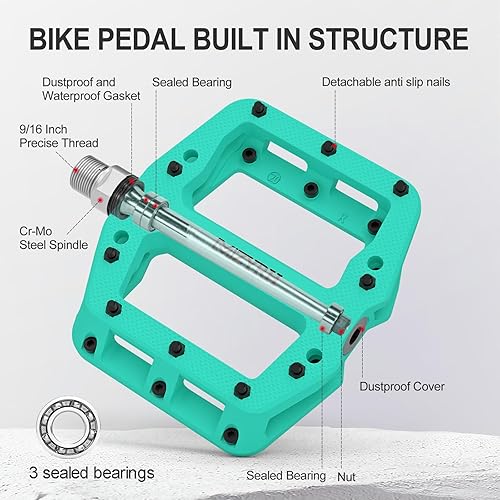 Miniatura 4 de Pedales de bicicleta de montaña de 916 pulgadas, 3 rodamientos sellados, ligeros, antideslizantes, de fibra de nailon, pedales de plataforma para