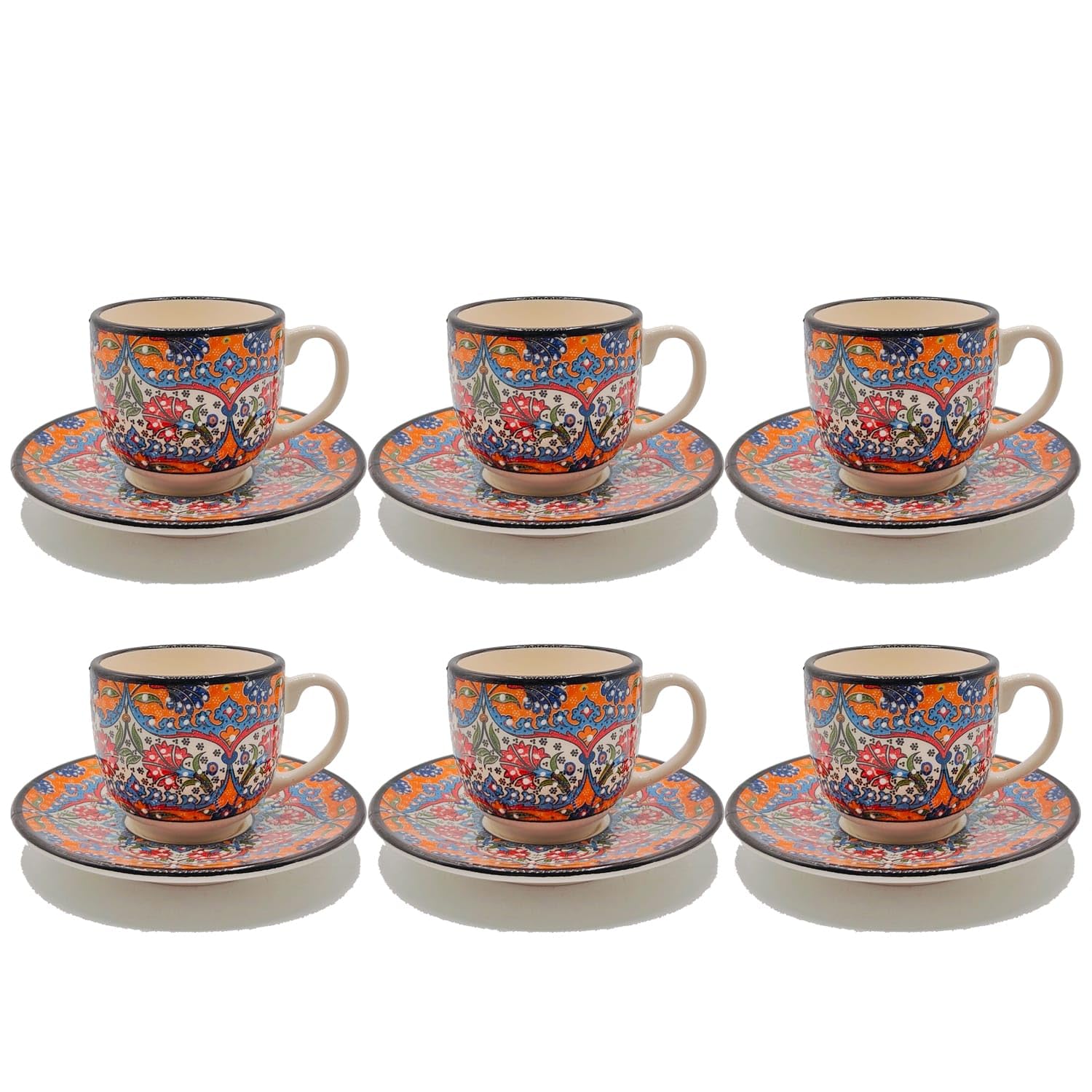Komplettes Set mit 6 Espressotassen und Untertassen aus türkischer Keramik verziert - Raffiniertes ethnisches Handwerk 1308241204 Marokko Tunesien Ethnisch der Welt