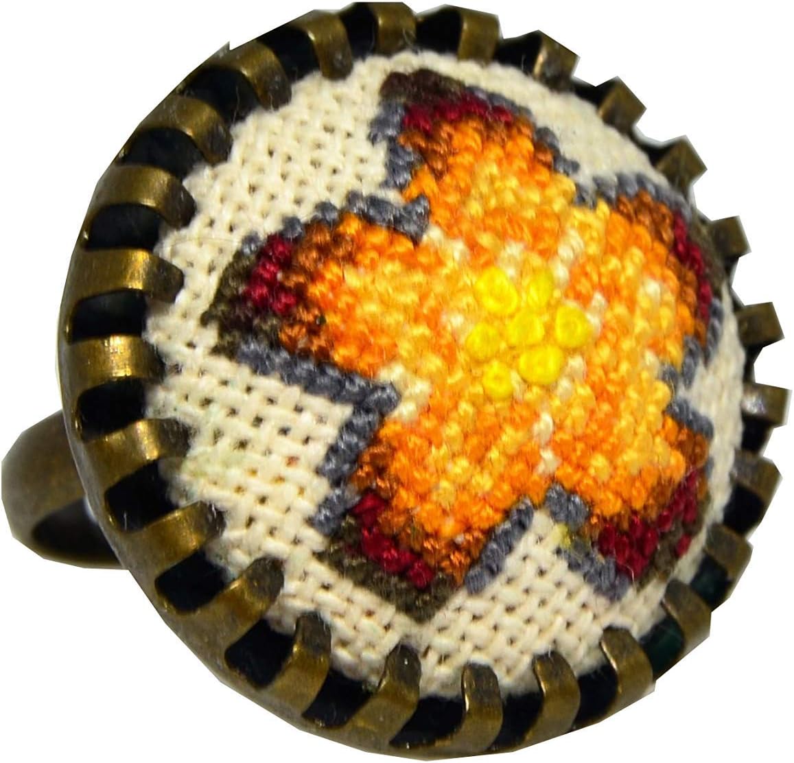 Handmade Embroidered Ring with Orange Flower