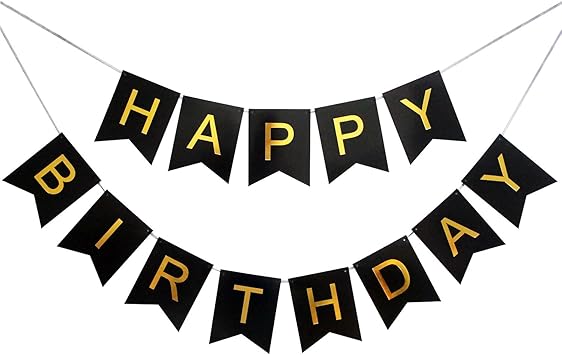 Happy Birthday Swallowtail Bunting Banner For Party Decoration Black Background Gold Foiled Letters Classy Luxurious Decorations Amazon Co Uk Toys Games