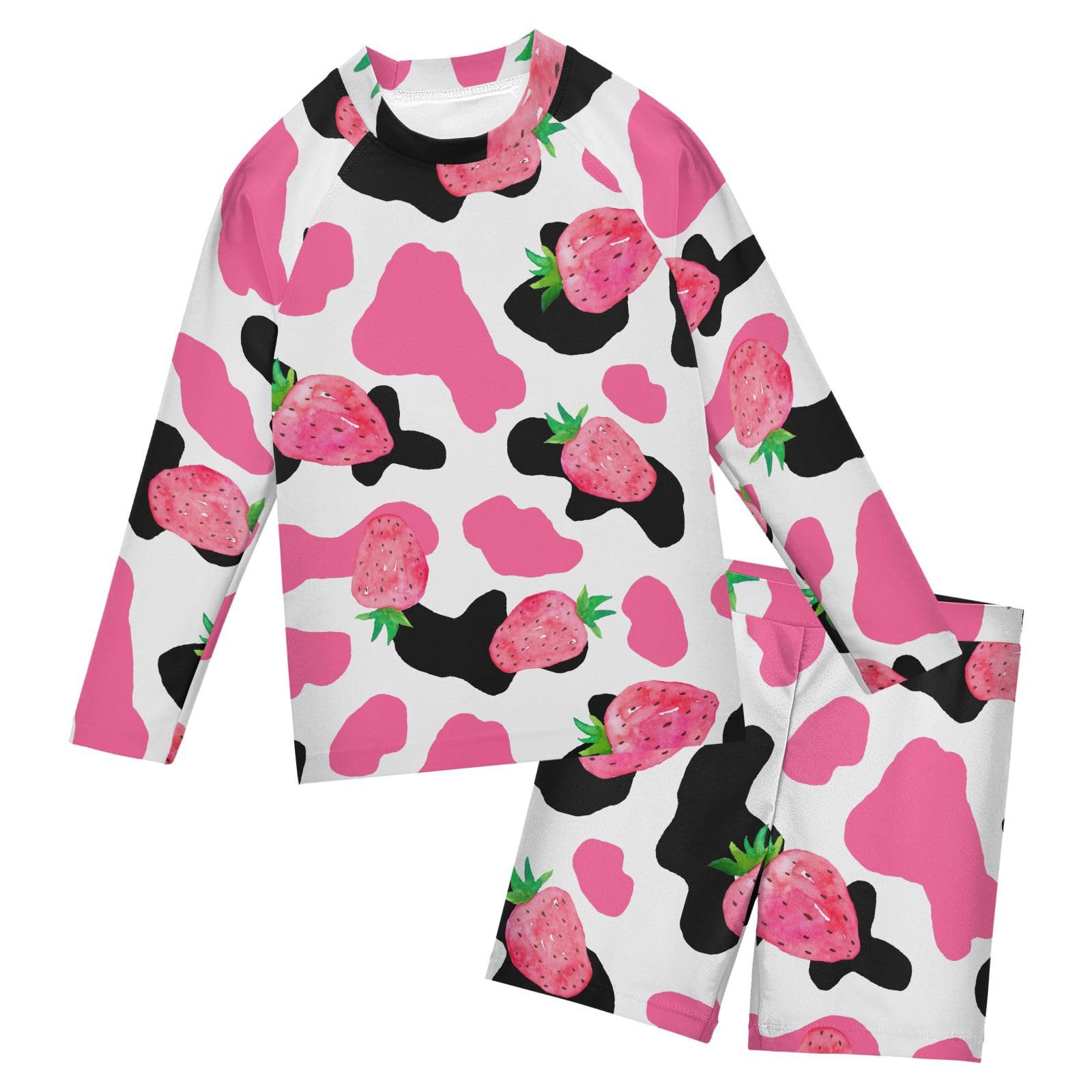 Aflyko Kids' Bathing Suit Set Pinks Strawberry Cow Print Long Sleeve Swim Tops with Shorts Summer Vacation Pool Party Rashguard Fun Cute Toddler Infant Beachwear, 4T