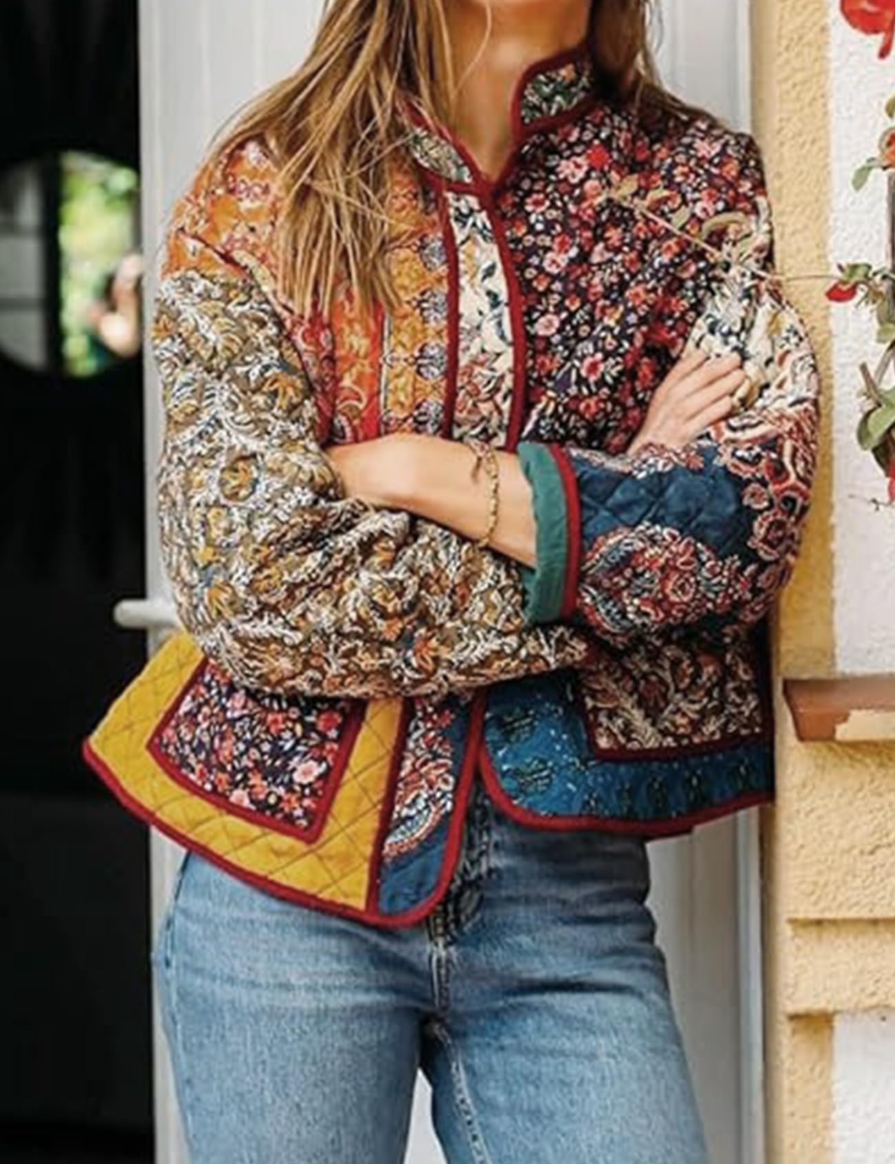 Eisctnd Chaqueta corta acolchada floral ligera de manga larga acolchada con botones y cuernos para mujer